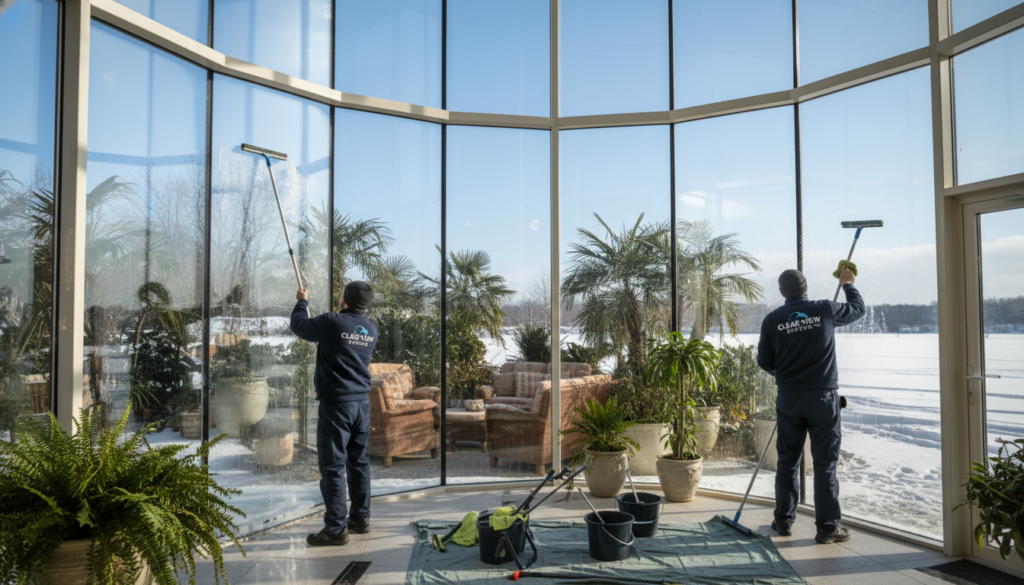 A bright, airy winter garden interior featuring large glass panels that provide panoramic views of a snowy landscape. In the foreground, professional window cleaning equipment is neatly arranged beside an immaculately cleaned glass wall, reflecting the clear blue sky and shimmering snow outside. In the middle ground, two workers in uniform diligently clean the glass, showcasing their dedication to maintaining a pristine environment. The background reveals a cozy seating area filled with lush greenery and potted plants, creating a warm contrast to the frosty scene outside. The lighting is soft and bright, illuminating the space and enhancing the clean atmosphere of the winter garden. The overall mood conveys comfort and protection from the harsh winter elements while inviting the viewer to appreciate the beauty of both the interior and the serene external landscape.