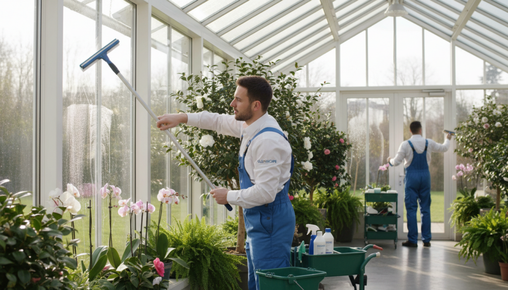 A bright and airy winter garden scene featuring professional window cleaners in crisp uniforms, focused on the meticulous care of glass surfaces and frames. In the foreground, a worker expertly uses a high-quality squeegee, with sunlight glinting off the polished glass, creating a sparkling effect. The middle ground showcases the vibrant greenery of potted plants and delicate floral arrangements within the winter garden, enhancing the feeling of cleanliness and freshness. In the background, soft natural light filters through the transparent glass roof, highlighting the inviting atmosphere. The scene is well-composed, capturing a sense of professionalism and meticulous attention to detail, with a warm and uplifting ambiance.