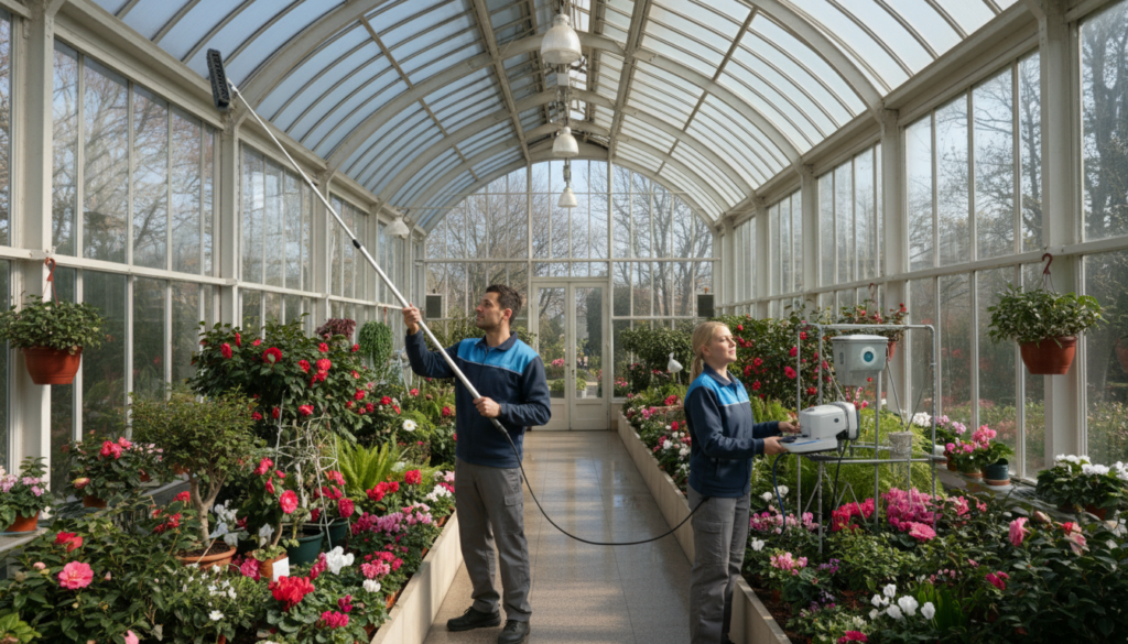 A bright and airy winter garden setting showcasing professional window cleaning workers in uniform. In the foreground, a man and a woman are skillfully using high-tech cleaning equipment on large, sunlit glass panels, their focused expressions conveying professionalism and commitment. In the middle ground, lush greenery and colorful flowers are visible, creating a refreshing and inviting atmosphere. In the background, soft sunlight filters through the glass, casting gentle shadows and highlighting the cleanliness of the space. The overall mood is one of flexibility and clarity, capturing a seamless coordination of work. The angle should be slightly elevated, emphasizing the vastness of the winter garden while maintaining a clean and serene environment.