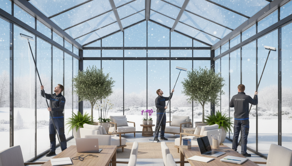 A bright and airy wintergarten filled with large glass windows showcasing a snowy landscape outside. In the foreground, professional workers in uniform are using window cleaning equipment, their focused expressions reflecting the importance of maintaining visual clarity in a media-driven world. The middle ground features neatly organized potted plants and comfortable seating, inviting an atmosphere of relaxation and productivity. The background reveals a blue sky contrasted with white snowflakes gently falling, ensuring a clean and serene ambiance. Soft, natural sunlight filters through the glass, casting gentle shadows and enhancing the scene's clarity. The overall mood is fresh, modern, and invigorating, capturing the essence of videos and visual media amidst a winter setting.