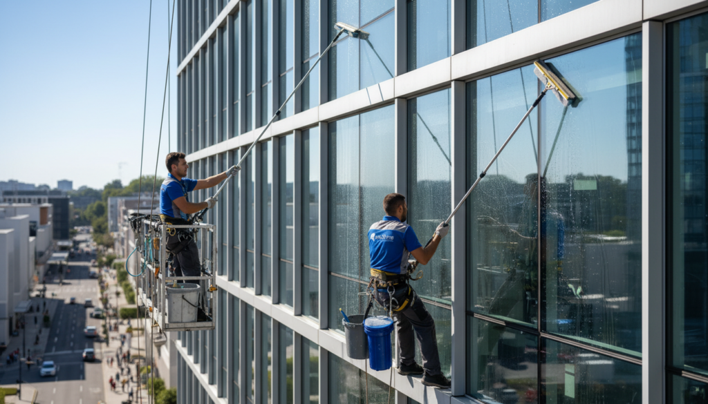 A bright and clean atmosphere capturing a professional window cleaning scene. In the foreground, two workers in smart uniforms diligently cleaning large glass windows, showcasing modern window cleaning equipment. The middle ground features a sleek and contemporary building, its reflective surfaces glistening in the sunlight. In the background, a clear blue sky adds to the fresh and uplifting mood. The lighting should be bright and natural, highlighting the sparkling windows and creating a sense of tranquility. The overall composition should convey a feeling of professionalism and efficiency, emphasizing the importance of cleanliness in urban environments. The angle should be slightly elevated, offering a dynamic view of both the workers and the impressive architecture they maintain.
