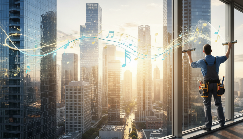 A bright and clean atmosphere depicting a professional window cleaning scene, emphasizing the concept of "Soundtrack film." In the foreground, a worker in a neat uniform is skillfully using professional window cleaning equipment. The middle ground features glistening skyscrapers reflecting sunlight, symbolizing clarity and purity. In the background, soft musical notes visually intertwine with the reflections on the windows, illustrating the idea of a harmonious soundtrack. The lighting is vibrant, with the sun casting warm hues across the scene, creating an uplifting and serene mood. The angle is slightly elevated, capturing both the worker and the stunning cityscape, enhancing the sense of professionalism and artistry in the task. No text or overlays present.