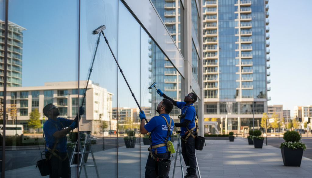 A bright and clean atmosphere depicting professional window cleaning services for both residential and commercial properties. In the foreground, two uniformed workers are skillfully using various window cleaning equipment, such as squeegees and extension poles, showcasing their expertise. The middle of the image features large, gleaming glass windows reflecting the sunlight, highlighting the effectiveness of their service. In the background, a modern building with multiple stories adds depth, emphasizing the scale of the job. The lighting is bright and natural, casting soft shadows that enhance the cleanliness of the environment. The overall mood is professional and reassuring, conveying a sense of trust in the glass cleaning services provided.