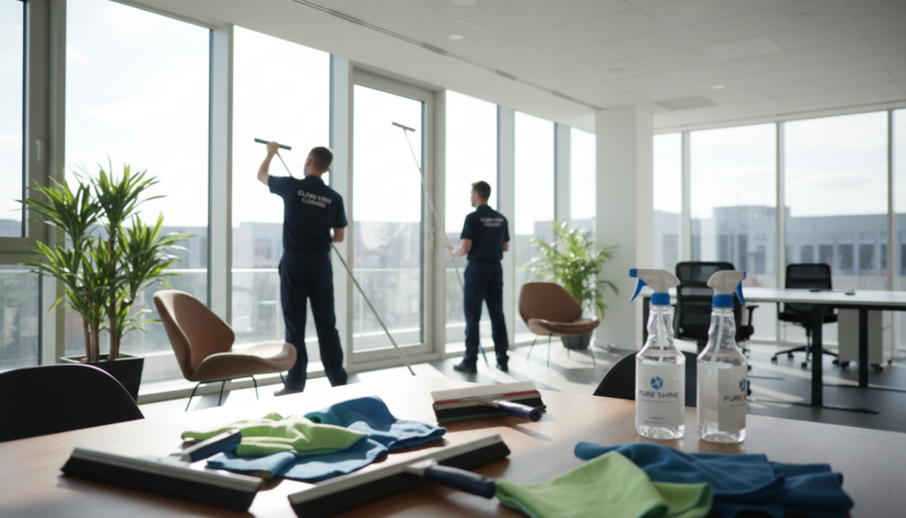 A bright and clean indoor scene showcasing an array of professional window cleaning equipment neatly arranged on a table in the foreground, including squeegees, microfiber cloths, and spray bottles. In the middle ground, two workers in professional uniforms are attentively cleaning large, streak-free windows that allow natural sunlight to flood the space, creating a warm and inviting atmosphere. The background features a well-lit office environment with plants and modern furnishings, enhancing the sense of cleanliness and professionalism. The angle is slightly low to capture the shine of the windows and the diligent work of the cleaning crew, with soft, diffused lighting emphasizing clarity and brightness throughout the scene.