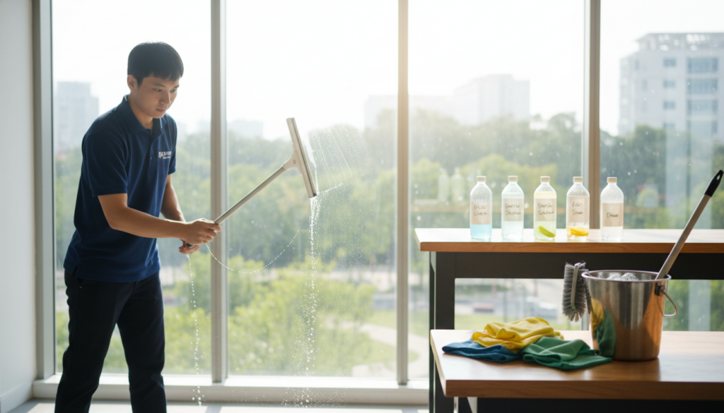 A bright and clean indoor setting illustrating the art of window cleaning with a focus on professional techniques. In the foreground, a worker in uniform is using a squeegee on a large window, showcasing a streak-free shine. The middle ground features various homemade cleaning solutions in neat bottles labeled for glass cleaning, surrounded by microfiber cloths and a bucket. In the background, sunlight streams through the sparkling clean window, casting soft shadows and enhancing the fresh, airy atmosphere. The scene should convey a sense of efficient professionalism, with a lens perspective emphasizing clarity and brightness, creating an uplifting and motivating mood.