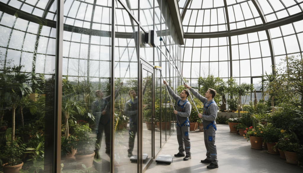 A bright and clean indoor winter garden setting, featuring large glass surfaces and elegant frames being meticulously prepared for maintenance. In the foreground, two professional workers in uniforms are using advanced window cleaning equipment, demonstrating proper techniques while ensuring every inch glistens. The middle ground showcases the beautifully designed glass panels, catching the light and reflecting the lush greenery inside the winter garden. In the background, natural sunlight streams through, enhancing the serene and refreshing atmosphere. The mood is focused and professional, with emphasis on cleanliness and attention to detail. Utilize a wide-angle lens to capture the full expanse of the space, creating a sense of openness and tranquility.