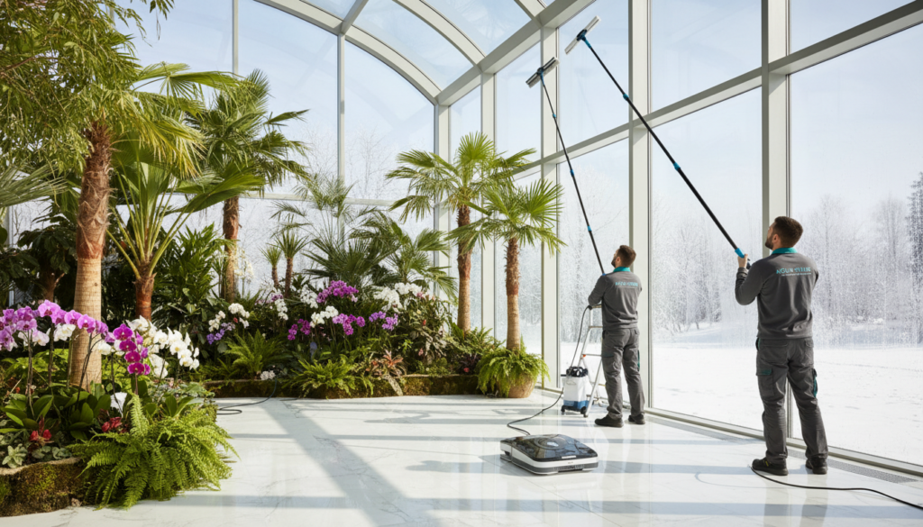 A bright and clean indoor winter garden, showcasing elegant plants and well-maintained surfaces. In the foreground, two professional window cleaners dressed in uniform are carefully using state-of-the-art equipment to reach high, hard-to-access areas. The middle ground features large glass walls displaying vibrant greenery and blooming flowers illuminated by natural sunlight streaming in, highlighting the effects of efficient cleaning. In the background, a soft-focus view of sparkling crystal-clear windows enhances the serene atmosphere. The lighting is bright and cheerful, casting gentle reflections on the surfaces. The angle is slightly elevated, providing a comprehensive view of the cleaning process and the beautiful winter garden environment. The overall mood is fresh, professional, and rejuvenating, perfect for showcasing effective cleaning techniques.