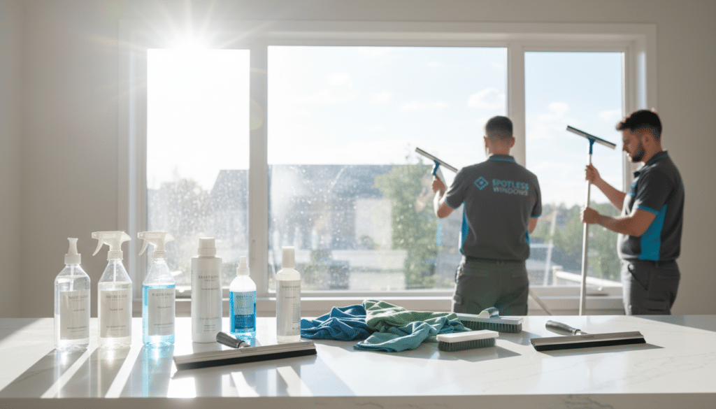 A bright and clean interior setting featuring professional window cleaning equipment. In the foreground, a selection of various high-quality cleaning agents, such as sprays and solutions, neatly arranged alongside tools like squeegees and microfiber cloths on a polished countertop. In the middle, a window gleaming in the sunlight, reflecting the surrounding environment, accentuating the cleaning products' effectiveness. In the background, two workers in professional uniforms diligently preparing the equipment, their serious expressions showcasing their dedication to achieving spotless results. The lighting is bright and natural, streaming in from the window, creating a fresh and vibrant atmosphere. The image should convey an organized and professional mood, emphasizing the importance of proper preparation for glass cleaning.