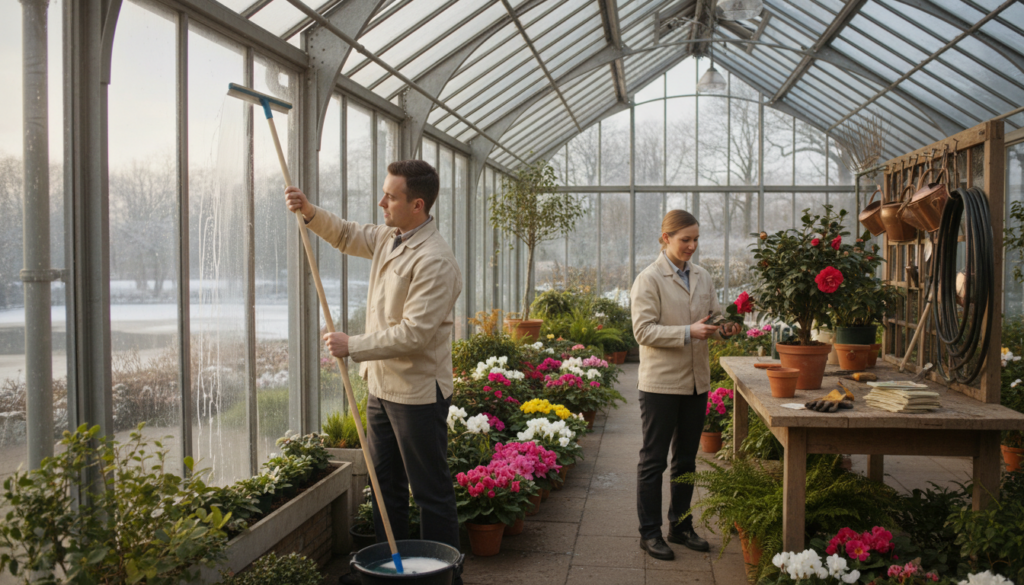 A bright and clean winter garden preparation scene, featuring two professional workers in smart casual uniforms. In the foreground, one worker is carefully cleaning large glass panels with professional window cleaning equipment, while the other tends to vibrant potted plants, ensuring that they are healthy and ready for the new season. The middle ground showcases lush greenery, colorful flowers, and neatly arranged gardening tools. The background displays a panoramic view of the winter garden's interior, with ample natural light streaming through the glass roof, creating an inviting atmosphere. The soft, warm lighting enhances the feeling of a fresh start, with a focus on tidiness and seasonal readiness. Capture the energy of preparation and the beauty of the winter garden as the season transitions.