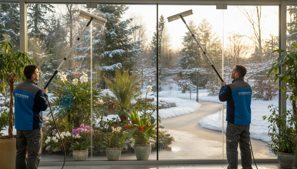 A bright and clean winter garden scene showcasing the Reinwasserverfahren, featuring professional window cleaning equipment in action. In the foreground, focus on two workers in professional uniforms meticulously cleaning large glass panels. Their expressions reflect concentration and expertise. In the middle, elegant green plants and vibrant flowers fill the space, surrounded by sparkling clean glass that reflects natural light. The background displays a softly blurred view of a winter landscape outside, with gentle sunlight filtering through the trees, enhancing the serene and refreshed atmosphere. Use natural lighting to create a warm and inviting ambiance, with a wide-angle perspective to emphasize the spaciousness of the winter garden.