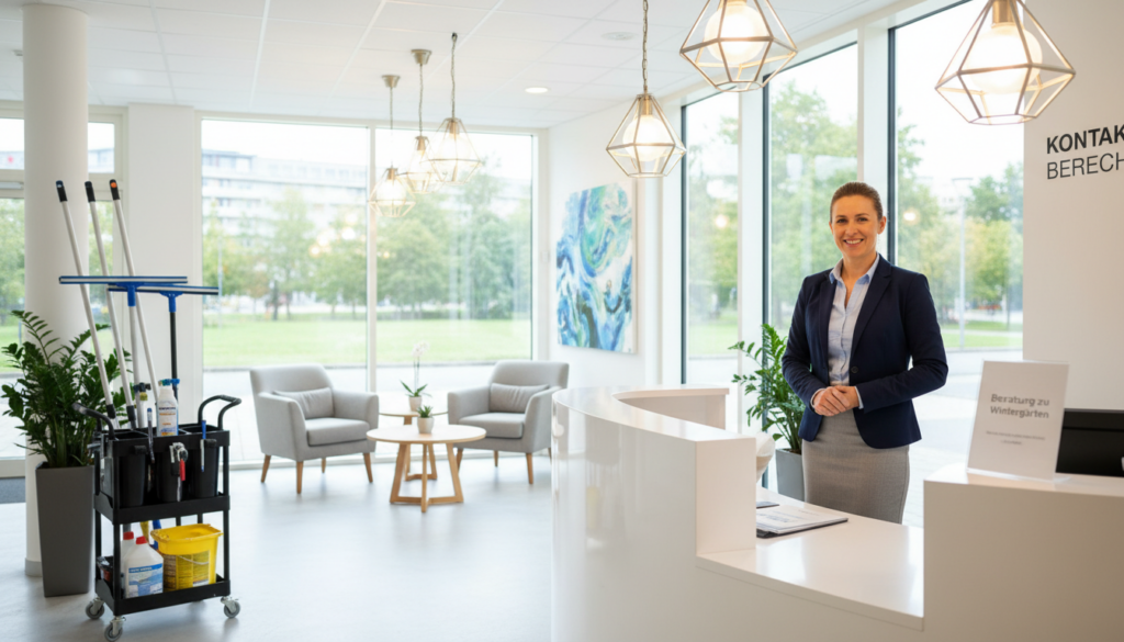 A bright and inviting "kontakt bereich" office space, designed for customer consultations, featuring professional window cleaning equipment prominently displayed. In the foreground, a welcoming reception desk with a friendly attendant in smart business attire, smiling and ready to assist visitors. The middle ground showcases a well-organized consultation area with modern furniture, soft lighting emanating from overhead fixtures that create a warm atmosphere. In the background, large windows allow natural light to flood the room, highlighting the cleanliness and professionalism of the space. The overall mood is optimistic and approachable, encouraging visitors to feel comfortable reaching out for advice on winter gardens.