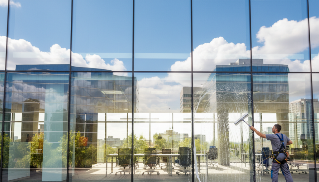 A bright and inviting scene depicting sparkling clean windows on a modern office building. In the foreground, a professional window cleaner in a uniform is carefully using a squeegee on a glass panel, showcasing the window cleaning process. The middle ground features multiple large windows reflecting the surrounding urban landscape, each glass pane pristine and translucent, allowing sunlight to flood the interior. In the background, a blue sky with fluffy white clouds enhances the contrast against the glass surfaces, creating a sense of openness and clarity. The lighting is bright and natural, emphasizing the cleanliness and freshness of the environment. The overall atmosphere is professional and refreshing, highlighting the importance of maintaining clean windows for buildings.