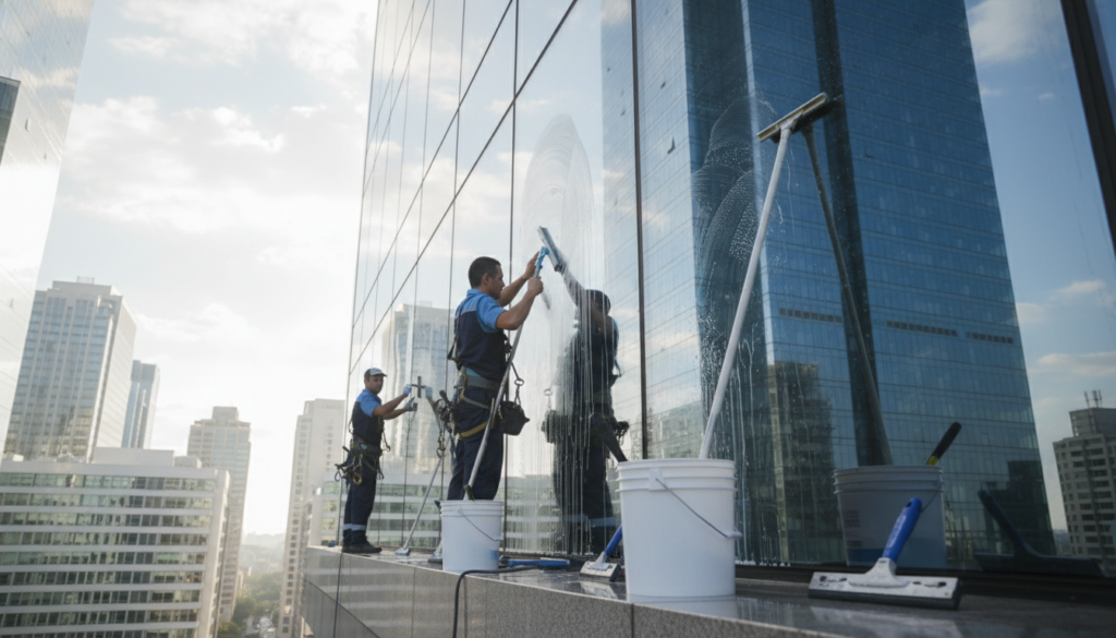 A bright and pristine window cleaning scene, showcasing professional equipment like squeegees and buckets in the foreground. Workers in smart uniforms diligently cleaning large glass windows, ensuring a streak-free shine. The middle layer includes immaculate glass panels that reflect the surrounding environment, emphasizing cleanliness and clarity. In the background, a modern cityscape is partially visible, bathed in soft morning sunlight that creates sparkling reflections on the glass surfaces. The mood is fresh and uplifting, imbued with a sense of responsibility and professionalism. The image is captured from a low angle, highlighting the height of the buildings and the workers' precision, employing natural lighting to enhance the clean atmosphere without any text or overlays.