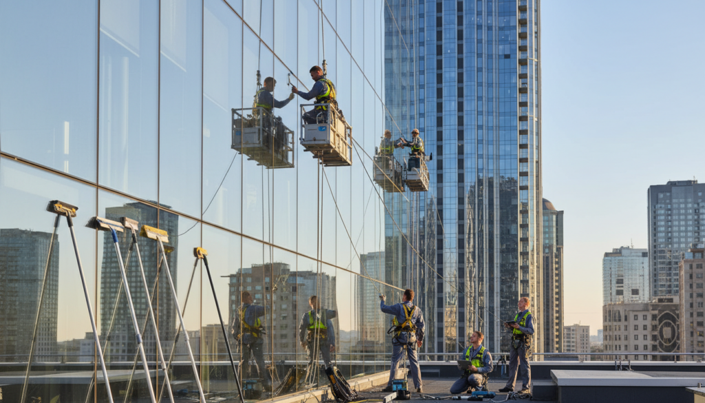 A bright, clean urban scene depicting a team of professional window cleaners wearing smart uniforms as they skillfully clean the glass of a high-rise office building. The foreground features the window cleaning equipment, such as harnesses and squeegees, showcasing a modern, efficient approach to their work. In the middle ground, the workers are focused and collaborative, with one person on a platform while others assist and oversee from the ground. The background highlights the gleaming skyline of a bustling business district under a clear blue sky, symbolizing success and professionalism. Warm, natural lighting enhances the clarity of the scene, creating an atmosphere of diligence and teamwork. The angle captures the height of the building, emphasizing the scale and importance of maintaining a pristine business environment.