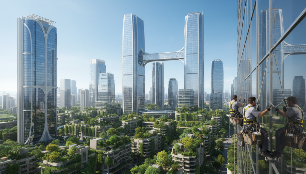 A bustling city skyline years later, showcasing modern skyscrapers and advanced architecture. In the foreground, professional window cleaners in neat uniforms meticulously attending to a glass façade, their equipment gleaming in bright sunlight. The middle ground features vibrant greenery on balconies and terraces, symbolizing urban renewal. In the background, a clear blue sky fills the scene, enhancing the clean and bright atmosphere of a forward-looking business environment. Capture this moment from a slightly elevated angle to emphasize the workers and the elegant design of the buildings. The mood should convey professionalism and optimism for the future of business.