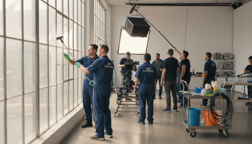 A bustling film production set behind the scenes, showing professional workers in neat uniforms, busy with high-quality window cleaning equipment. In the foreground, a focused worker sprays cleaning solution on a large window while another wipes it down, showcasing sparkling clarity. The middle ground features various crew members operating cameras and adjusting lights, capturing the essence of a busy film set. The background includes a bright, organized environment with clapperboards and film reels scattered around. Soft, natural lighting streams through the pristine windows, casting cheerful reflections on the polished floor. The atmosphere is lively yet professional, embodying the dedicated teamwork behind film production.