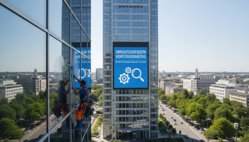 A bustling office building under a clear blue sky, highlighting the concept of "umsatzgrenzen vorsteuerabzug" through the lens of legal frameworks for entrepreneurs. In the foreground, two professional window cleaners in bright uniforms efficiently cleaning large, transparent glass windows, reflecting the bustling city around them. In the middle ground, the sleek, modern architecture of the office building towers above, showcasing a clean and polished environment. The background features a vibrant cityscape, with trees and other buildings softly blurred to emphasize the foreground activity. Capture the scene in natural daylight, using a wide-angle lens to create a dynamic sense of depth. The mood is focused and professional, evoking a sense of clarity and diligence in the business environment.