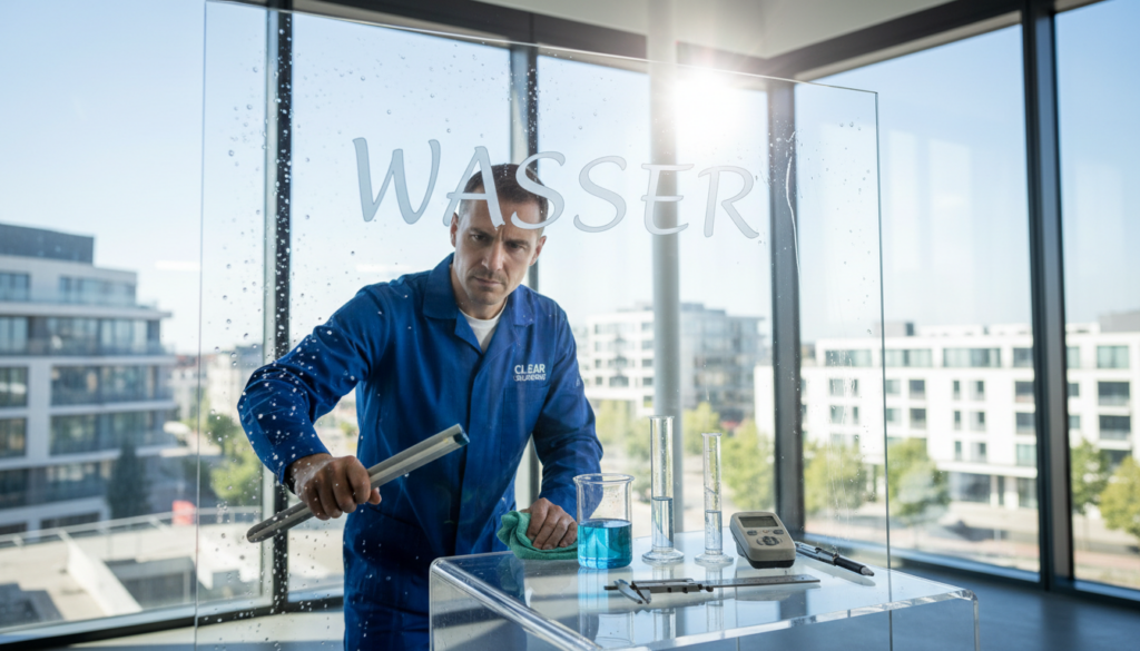 A crystal-clear glass surface reflecting light, showcasing droplets of water on the edges, emphasizing the concept of "Wasser." In the foreground, a professional window cleaner in a blue uniform is using high-quality cleaning equipment, methodically wiping down the glass with concentrated focus. The middle ground features various scientific tools like rulers, beakers, and measurement devices, symbolizing the mathematical and scientific principles behind effective glass cleaning. In the background, large windows reveal a bright, clean atmosphere with natural sunlight flooding the scene, creating a vibrant glow. The overall mood is one of professionalism and clarity, highlighting the importance of precision in glass cleaning, captured from a slightly angled perspective to enhance depth.