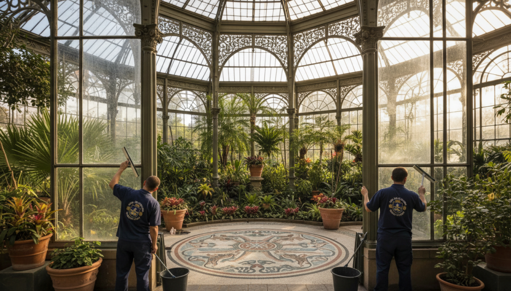 A culturally significant winter garden, featuring lush greenery and exotic plants displayed in an elegant, sunlit setting. In the foreground, skilled workers in professional uniforms meticulously clean large glass windows, ensuring a clear view of the vibrant flora. The middle ground showcases intricate architectural details of the winter garden structure, adorned with decorative metalwork and ornate glass panels. In the background, soft natural light streams through, creating a warm, inviting atmosphere that emphasizes harmony between nature and human craftsmanship. The scene is captured from a slightly elevated angle, lending an expansive view of the garden's beauty, evoking a sense of tranquility and connection to cultural heritage.
