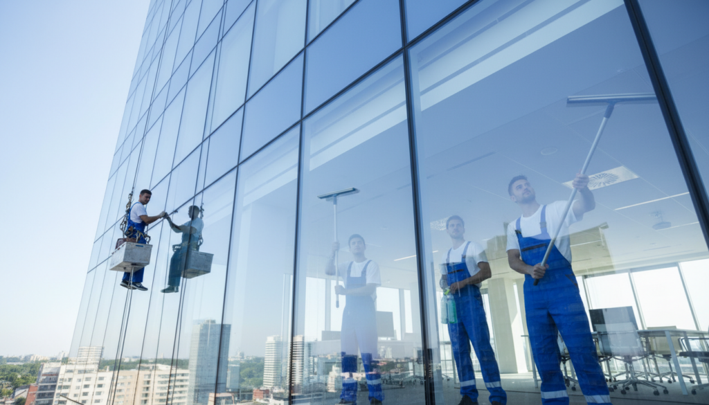 A dedicated team of professional window cleaners in crisp uniforms meticulously scrubbing large glass windows of a modern office building. In the foreground, a close-up of gleaming glass panes reflects the bright, blue sky. The middle ground features the workers using high-quality cleaning equipment, such as squeegees and eco-friendly sprays, displaying their focus and teamwork. The background reveals a clean and well-lit corporate environment, emphasizing transparency and clarity. Soft, diffused sunlight filters in, creating a bright and inviting atmosphere. Capture this scene from a low angle to enhance the grandeur of the building, while maintaining a dynamic and energetic mood that underscores professionalism and quality.
