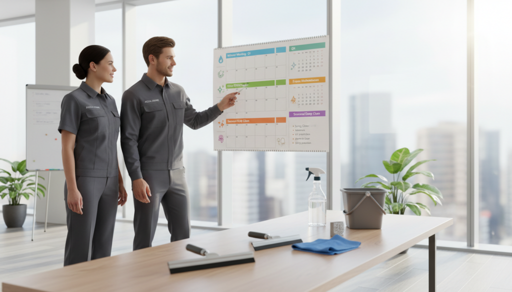 A detailed annual calendar prominently displayed in a professional office environment, emphasizing cleanliness and organization. In the foreground, a sleek, modern desk with professional window cleaning equipment neatly arranged. Two workers in smart uniforms discuss the calendar, pointing at the cleaning schedule, radiating a sense of collaboration and planning. The middle of the image features the open calendar itself, marked with vivid colors and icons representing cleaning tasks and seasonal maintenance tips. The background includes large windows, letting in bright, natural light that creates a clean and inviting atmosphere. The mood is focused and productive, capturing the essence of business planning and effective cleanliness management. Use a wide-angle lens to show the entire scene crisply, highlighting the importance of maintaining a tidy workspace.