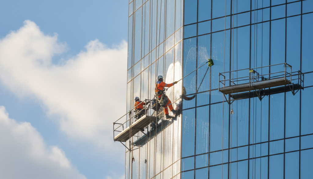 A high-rise building exterior with professional window cleaners working safely at great heights. In the foreground, a window cleaner in a bright uniform, equipped with a safety harness and helmet, carefully cleans a large glass window using advanced glass cleaning tools. The middle layer features a sleek building facade with reflective glass, showcasing safety equipment such as guardrails and scaffolding. In the background, a blue sky filled with soft clouds adds depth and brightness, signifying a clear, efficient working day. The scene is well-lit, emphasizing the clean atmosphere, with the sun casting gentle reflections on the glass for a dynamic effect. The overall mood is one of safety, professionalism, and diligence.