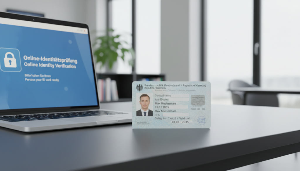 A highly detailed and realistic image of a German "Personalausweis" (national ID card) displayed prominently in the foreground on a sleek, modern desktop setup. The ID card features a clear photo of a professional individual, displaying their name and information, but without any identifying details. In the middle ground, an open laptop is visible, with a glowing screen showcasing a secure online identity verification portal. The background includes a softly blurred office environment with bright, natural light flooding in from large windows, creating a clean and inviting atmosphere. The scene conveys a sense of professionalism and security, ideal for illustrating the versatile applications of online ID functions. The overall mood is crisp and efficient, emphasizing clarity and trust.