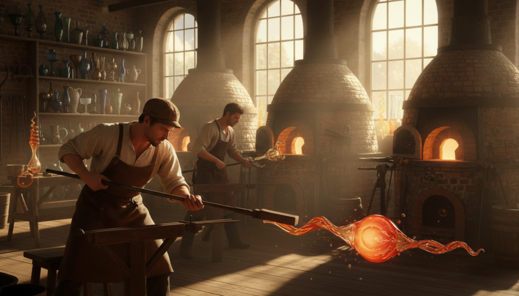 A historical glass manufacturing scene set in a vibrant workshop, showcasing artisans skillfully blowing glass into delicate shapes. In the foreground, a glassblower, dressed in a traditional linen shirt and leather apron, works with molten glass, animatedly shaping it with tools. The middle ground features shelves filled with various glass creations and large furnaces glowing with soft orange light, emphasizing the craftsmanship of glass production. In the background, large windows allow natural sunlight to pour in, illuminating the workshop with a warm, inviting glow. The atmosphere is one of dedication and artistry, highlighting the evolution of glassmaking. Capture this moment from a slightly elevated angle, focusing on the interplay of light and glass textures without any distractions or modern elements.