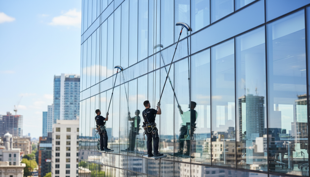 A modern office building facade being thoroughly cleaned by professional window cleaners. Foreground: two workers in neat, professional attire, using advanced window cleaning equipment, including squeegees and water-fed poles. Middle: the gleaming glass windows reflecting sunlight, revealing a bright and clean atmosphere inside the building. Background: the bustling city skyline in soft focus, with clear blue skies above. The lighting is bright and vibrant, highlighting the cleanliness of the glass and the professionalism of the workers. The angle gives a dynamic perspective from a low viewpoint, enhancing the sense of height and cleanliness, while evoking a mood of efficiency and professionalism in the cleaning process.