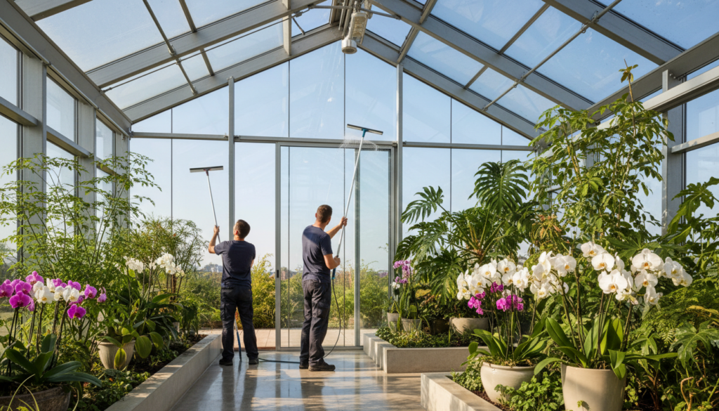 A modern winter garden showcasing a bright, clean atmosphere filled with lush green plants and sunlight filtering through large glass windows. In the foreground, two professional workers in uniforms are using high-quality window cleaning equipment, meticulously cleaning the transparent surfaces of the winter garden. In the middle ground, vibrant plants such as ferns and flowering orchids are arranged aesthetically, complementing the serene environment. The background features a clear blue sky visible through the glass roof, enhancing the sense of openness and tranquility. The lighting is soft yet bright, creating a welcoming mood that emphasizes the beauty of the winter garden. The angle captures both the workers’ dedication and the inviting space they maintain.