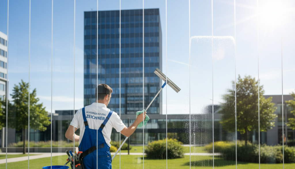 A pristine glass surface reflecting natural light, showcasing the concept of "zehntel" as a clean, fractional division of the glass. In the foreground, a professional window cleaner in a uniform uses high-quality equipment like a squeegee, creating a sparkling effect on the glass. The middle ground features a modern office building with large, transparent windows, surrounded by lush greenery. The background captures a bright, clear blue sky, enhancing the feeling of cleanliness and precision. The lighting is bright and even, emphasizing the clarity of the glass as well as the meticulous work of the cleaner. The overall atmosphere is fresh and professional, embodying the essence of mathematical and scientific properties in glass cleaning.