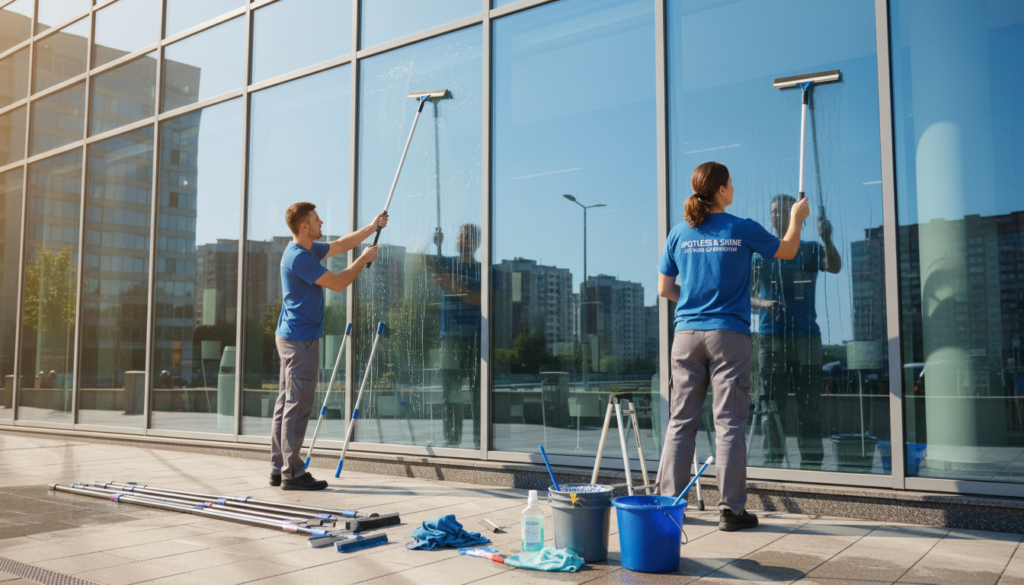 A professional cleaning scene depicting two window cleaners in smart uniforms, showcasing 22 years of expertise in end cleaning services. The foreground features modern window cleaning equipment, such as squeegees, ladders, and cleaning solutions, neatly arranged beside the workers. In the middle ground, the two professionals are actively cleaning large, sparkling windows of a commercial building, with a focus on their meticulous techniques and teamwork. The background showcases a bright, clear sky and the well-maintained façade of the building, exuding a fresh and tidy atmosphere. Natural light filters through, illuminating the scene and highlighting the cleanliness brought by their work. The overall mood is one of professionalism, diligence, and satisfaction.