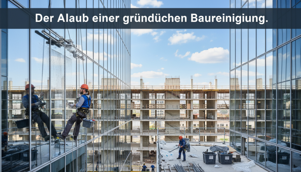 A professional construction cleaning scene titled "Der Ablauf einer gründlichen Baureinigung." In the foreground, two uniformed workers, male and female, are using advanced window cleaning equipment on a high-rise building. They should look focused and diligent, surrounded by sparkling clean windows reflecting the bright blue sky. In the middle ground, construction debris is being cleared away by another worker, showcasing a tidy and organized workspace. The background features a partially completed building under a clear, sunny sky, emphasizing a safe and professional environment. Use soft, natural lighting to create a bright and clean atmosphere, capturing the essence of thorough post-construction cleaning. The angle should be slightly elevated to provide a dynamic view of the entire scene.