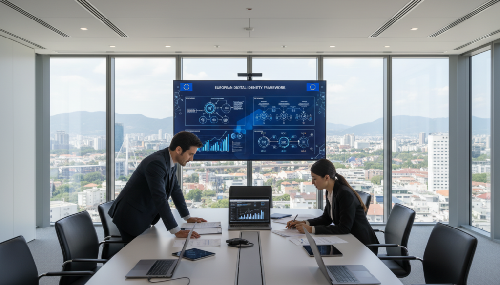 A professional office environment with a sleek, modern conference room. In the foreground, two professionals dressed in business attire are discussing legal documents, surrounded by laptops and tablets displaying graphs and data related to the eIDAS regulation. The middle ground features a large digital screen showcasing infographics about regulatory frameworks, with images of the EU flag subtly integrated. The background consists of a panoramic view of a vibrant cityscape through floor-to-ceiling windows, letting in natural light. The atmosphere is bright and clean, emphasizing professionalism and clarity. Soft shadows are cast, creating a dynamic yet focused ambiance, captured with a wide-angle lens to enhance depth.