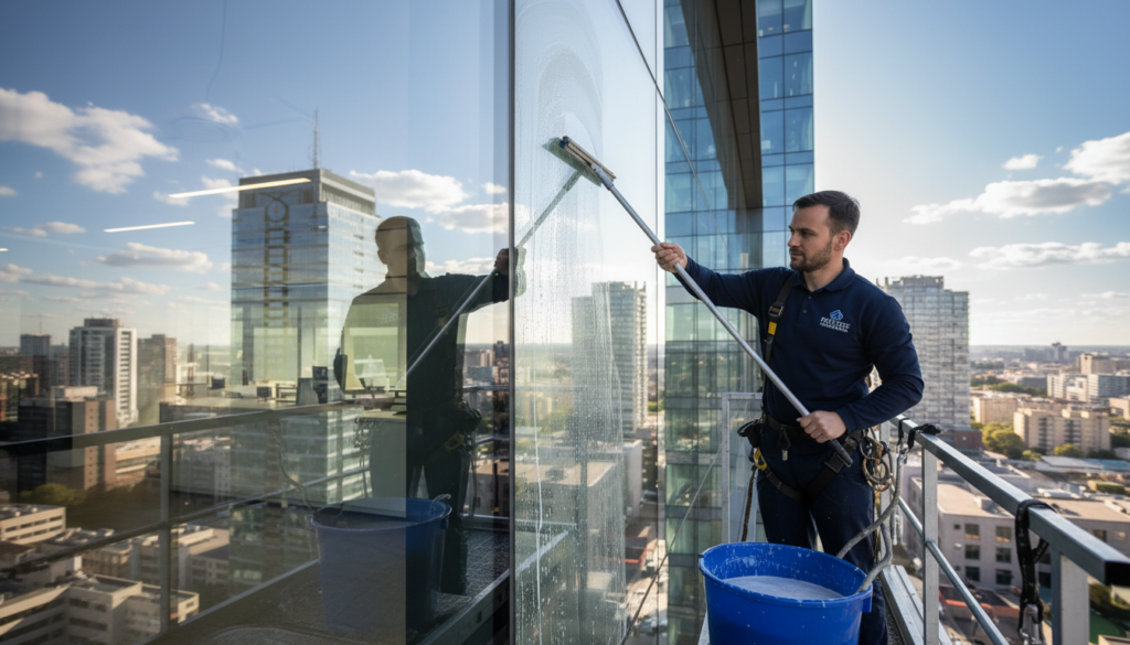 A professional window cleaner in a crisp uniform skillfully cleans large glass windows, reflecting a bright sunny day. The foreground features gleaming windows, with the cleaner focused on his task, using high-quality equipment like a squeegee and bucket. In the middle, a modern office building showcases sleek architecture, highlighting the importance of glass cleanliness. The background demonstrates a vibrant cityscape under a clear blue sky, with a few scattered clouds, enhancing the sense of professionalism and clarity. The scene is illuminated by natural sunlight, creating soft reflections on the glass surfaces, while the overall atmosphere is fresh and polished, representing a commitment to excellence in window cleaning.