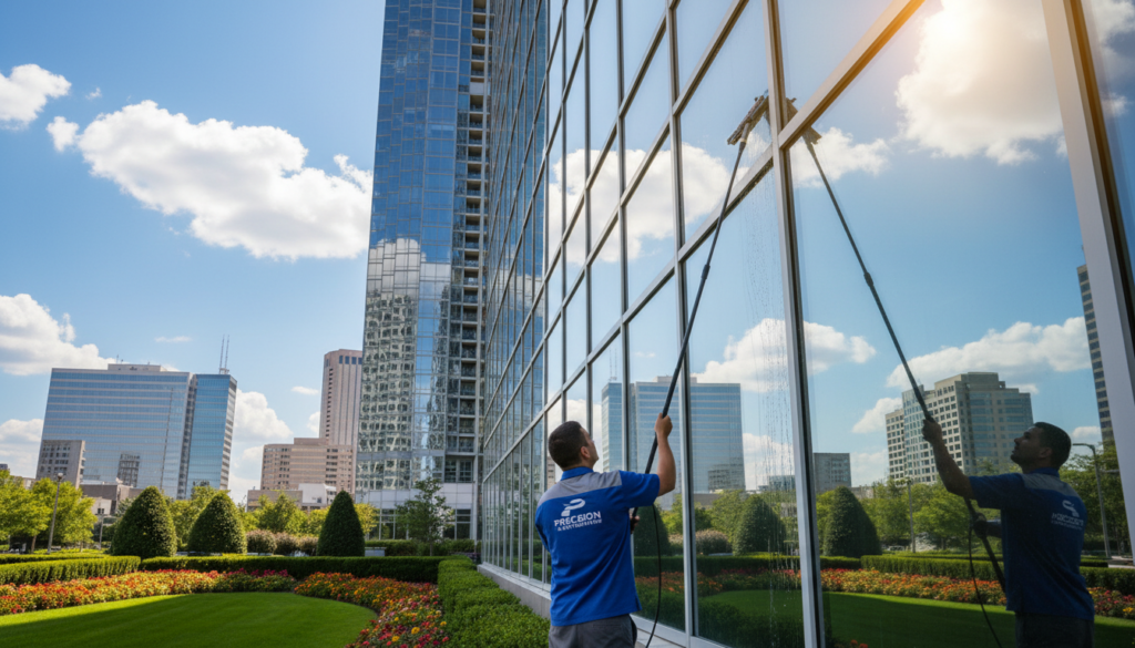 A professional window cleaning crew carefully maintains a modern office building, showcasing the concept of preserving property value through expert care. In the foreground, two workers in branded uniforms use advanced cleaning equipment, focusing on spotless windows that reflect a bright blue sky. The middle section features the sleek glass façade of the building, surrounded by well-manicured landscaping and greenery, symbolizing attention to detail and quality maintenance. In the background, a clear skyline contrasts with the pristine structure, illustrating a thriving business environment. The lighting is bright and inviting, enhancing the clean atmosphere, while a slight lens flare adds to the professionalism of the scene, conveying a sense of reliability and commitment to property upkeep.