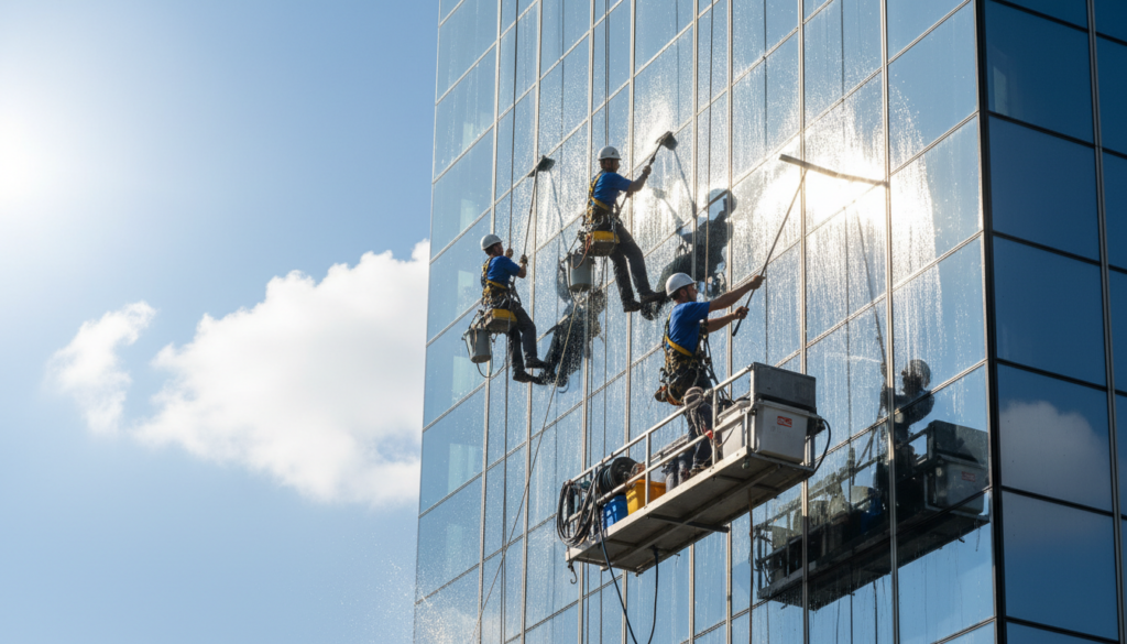 A professional window cleaning crew is diligently working on a high-rise building, showcasing their state-of-the-art cleaning equipment. In the foreground, a worker in a crisp uniform is using a squeegee, capturing the sparkle of sunlight as it reflects off the freshly cleaned glass. In the middle ground, other team members are harnessed and focused on their tasks, suggesting a sense of teamwork and efficiency. The background features a clear blue sky with a few fluffy clouds, enhancing the bright and clean atmosphere. The lighting is bright, with sunlight streaming down, creating sharp contrasts and vivid colors. The image conveys a mood of professionalism and success, evoking the feeling of accomplishment and attention to detail in their work.