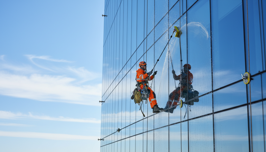 A professional window cleaning scene capturing the essence of "Safety and Efficiency" in high-altitude work. In the foreground, a worker dressed in a bright, safety-compliant uniform, confidently using advanced window cleaning equipment with careful precision. The middle ground features a sleek high-rise building, its glass surface gleaming under the clear blue sky, accentuated by bright, natural sunlight. In the background, soft clouds drift by, suggesting a high-altitude setting. The atmosphere is one of professionalism and diligence, evoking a sense of trust in the actions being performed. Use a wide-angle lens to emphasize the height and scale of the building, with bright lighting to create a clean and fresh appearance, highlighting the importance of safety measures in such environments.