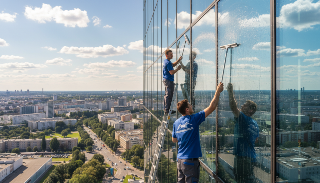 A professional window cleaning scene featuring two workers dressed in uniforms, engaged in the process of cleaning glass surfaces on a modern building. In the foreground, one worker uses a squeegee to wipe down a large glass panel, with droplets of water catching the sunlight. The other worker stands on a ladder, equipped with window cleaning tools, focusing on the upper sections of the windows. In the middle ground, the building’s elegant architecture is visible, showcasing a bright and clean atmosphere with reflections of blue sky and clouds. The background reveals a vibrant cityscape under bright, natural lighting, evoking a sense of productivity and professionalism. The overall mood is fresh, efficient, and inviting, emphasizing the expertise of Fensterreinigungprofi.de.
