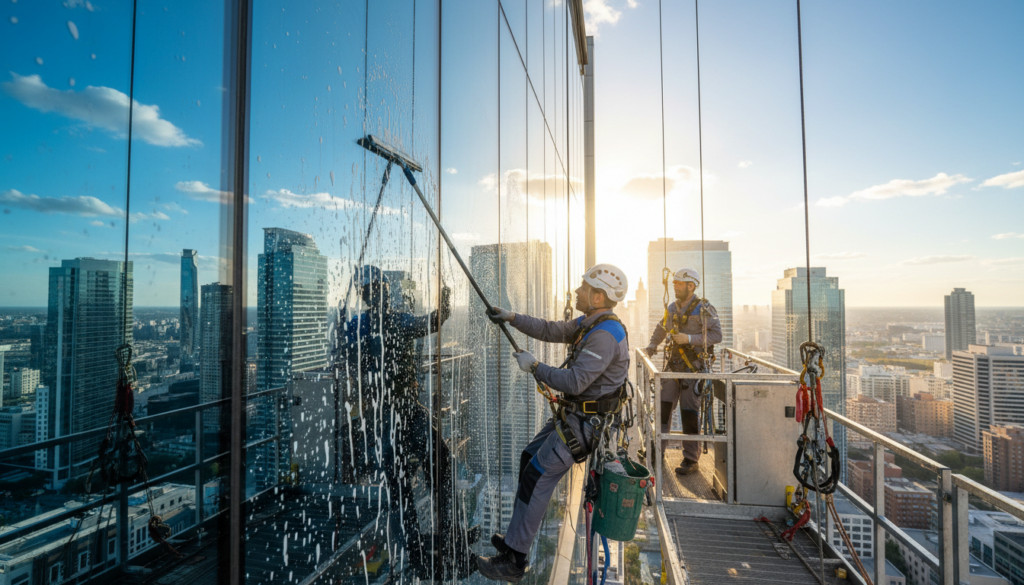 A professional window cleaning scene featuring two workers in smart uniforms, high above a modern cityscape. In the foreground, one worker is safely harnessed, carefully using a squeegee to clean a large glass window, while the other is on an elevated platform, checking equipment. The middle layer showcases gleaming glass with reflections of the vibrant skyline and a clear blue sky. The background features skyscrapers with bright sunlight illuminating the scene, creating a clean and bright atmosphere. The composition is shot from a slight low angle, emphasizing the height and safety measures in place. The overall mood is one of professionalism and safety, highlighting the importance of secure practices in high-altitude glass cleaning.