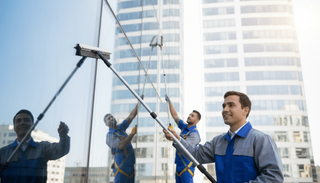 A professional window cleaning scene featuring workers in crisp uniforms, diligently using high-quality window cleaning equipment. In the foreground, a smiling worker is expertly maneuvering a squeegee across a large glass window, showing off a crystal-clear reflection. The middle ground includes another team member adjusting a telescopic pole to reach higher windows, demonstrating teamwork. The background showcases a modern, sunlit building with pristine glass façades, enhancing the bright and clean atmosphere. Soft, natural lighting permeates the scene, creating a welcoming glow that symbolizes trust and professionalism. The overall mood is one of efficiency and dedication, emphasizing Fensterreinigungprofi.de as a reliable partner in glass cleaning. No text or logos are present.