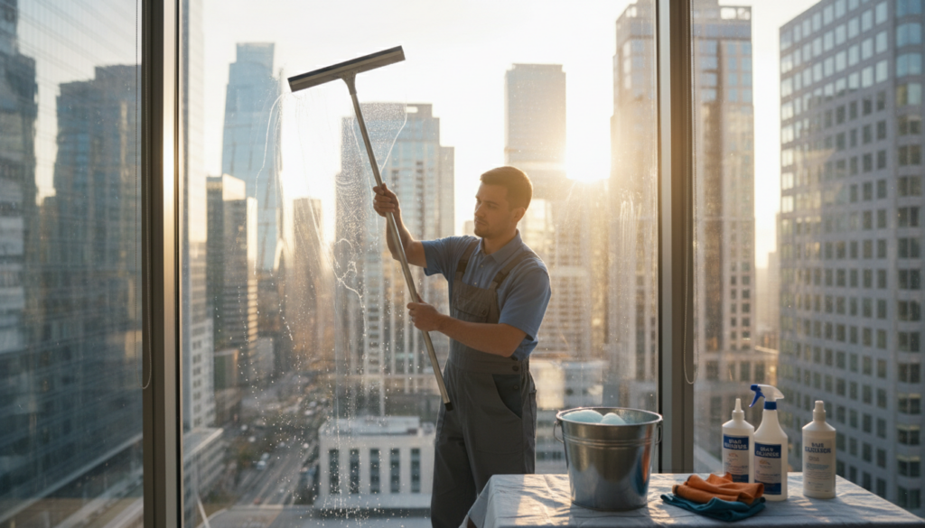 A professional window cleaning scene showcasing a bright, clean atmosphere. In the foreground, a dedicated worker in a smart uniform is carefully using a squeegee on a large glass window, demonstrating effective cleaning techniques for a streak-free finish. The middle layer features an array of professional window cleaning equipment neatly arranged nearby, including buckets, cloths, and spray bottles, emphasizing the tools of the trade. The background reveals a gleaming cityscape bathed in soft sunlight, enhancing the clarity of the windows and creating a sense of freshness. The overall mood is optimistic and industrious, with the natural light highlighting the cleanliness and professionalism of the task. The image should be framed to keep the focus on the worker and the window being cleaned, emphasizing the meticulous process of achieving spotless glass surfaces.