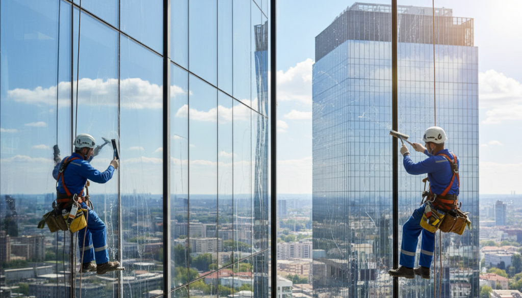 A professional window cleaning scene showcasing high-quality and reliable service. In the foreground, two uniformed workers with safety harnesses meticulously clean a large glass window, demonstrating attention to detail. The middle ground features sparkling clean windows reflecting sunlight, emphasizing clarity and professionalism. In the background, a modern skyscraper towers against a bright blue sky, enhancing the sense of accomplishment and quality assurance. The lighting is bright and natural, with rays of sunshine illuminating the scene and creating a vibrant, clean atmosphere. The overall mood is one of efficiency and trust, capturing the essence of excellence in every task.