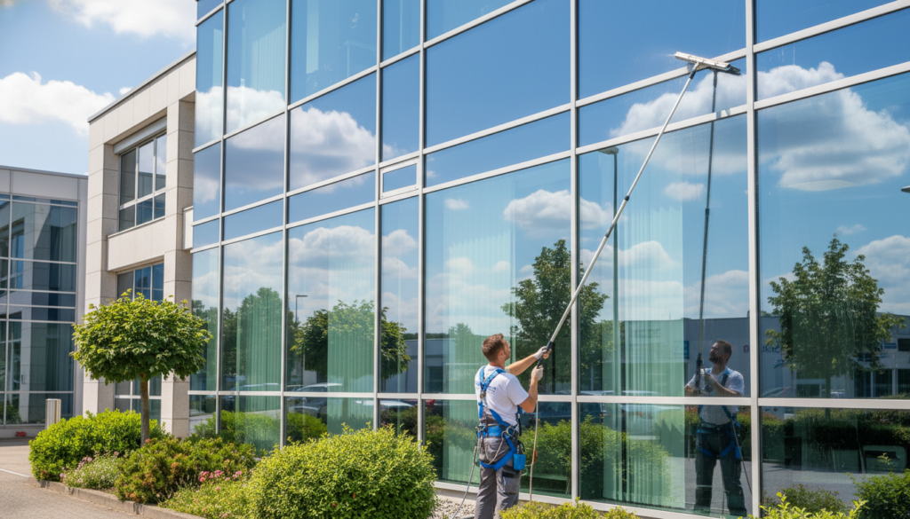 A professional window cleaning scene showcasing modern cleaning techniques at a commercial building in Bruckmühl. In the foreground, two workers in crisp uniforms are energetically cleaning large glass panels using advanced equipment like squeegees and water-fed poles. The middle layer features the gleaming glass windows reflecting bright sunlight, emphasizing the cleanliness and clarity achieved through their efforts. The background reveals a contemporary architecture with lush greenery surrounding the building, enhancing the fresh and vibrant atmosphere. The lighting is bright and natural, casting soft shadows that add depth. The overall mood conveys professionalism and efficiency, capturing the essence of modern cleaning methods in action.