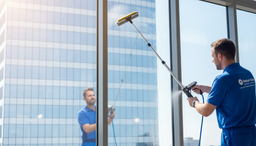 A professional window cleaning scene showcasing modern glass cleaning methods. In the foreground, a technician in a bright blue uniform is using a high-tech, streak-free window cleaning tool with a spray nozzle, focusing intently on the glass. The middle ground features another worker expertly maneuvering a lightweight, extendable pole with a microfiber cloth attached, ensuring every detail is spotless. In the background, a large building with gleaming glass windows reflects the clear blue sky, emphasizing a bright and clean atmosphere. Soft sunlight filters through, creating a radiant glow that highlights the sparkling clean glass surfaces. The overall mood conveys professionalism and efficiency in modern glass cleaning techniques.