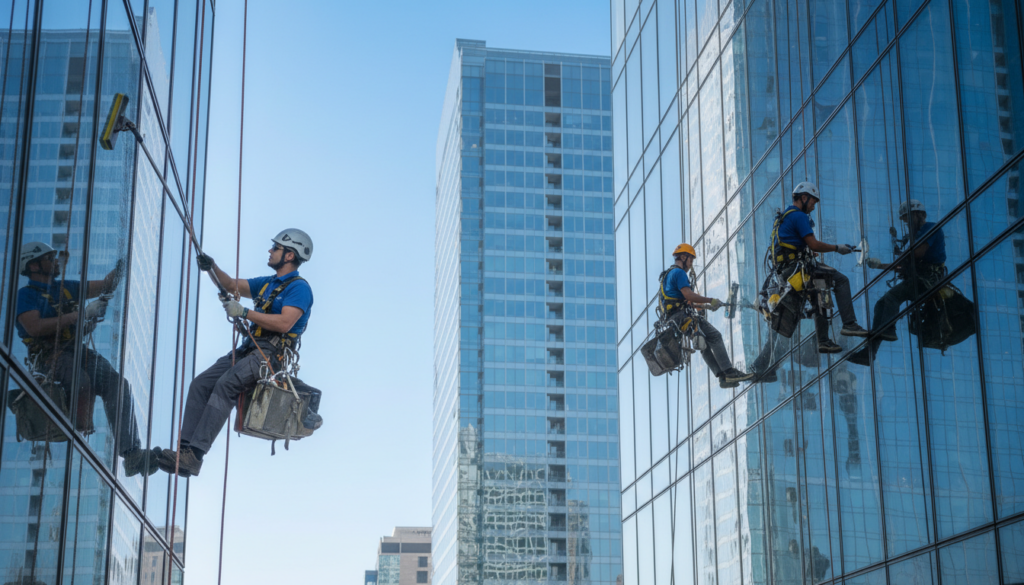 A professional window cleaning scene showcasing safety at height. In the foreground, a worker in a neat uniform, wearing a safety harness, carefully cleans a skyscraper window using specialized equipment. The worker is focused, embodying diligence and safety. In the middle ground, additional workers are also visible, all equipped with safety gear, engaging in cautious teamwork. The background reveals a bright, clear blue sky with sunlight reflecting off glass surfaces, creating a clean and polished atmosphere. The angle is slightly elevated as if capturing the scene from a nearby building, emphasizing the height and safety measures in place. The overall mood is one of professionalism and vigilance.