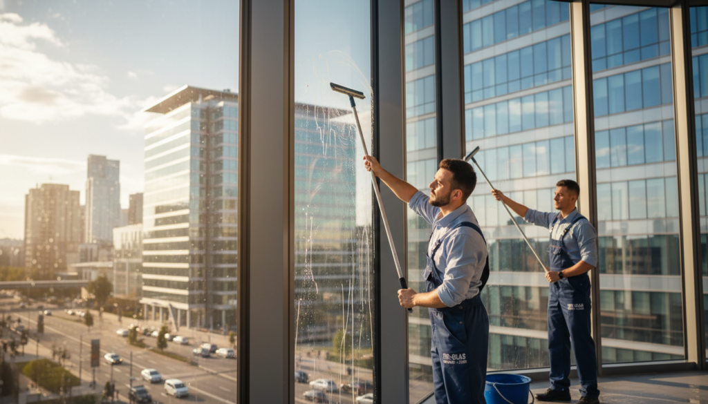 A professional window cleaning scene showcasing the expertise of a team with 23 years of experience. In the foreground, two workers in smart uniforms are meticulously cleaning large glass windows with professional equipment, their focused expressions reflecting dedication and skill. The middle ground features the modern office building they are servicing, with pristine, reflective windows glimmering under soft, natural sunlight. The background includes a clear blue sky and hints of a bustling cityscape, emphasizing a bright and clean atmosphere. The lighting is warm and inviting, with a soft focus on the workers to create a sense of professionalism and reliability, capturing the essence of experience in the field of final cleaning services.