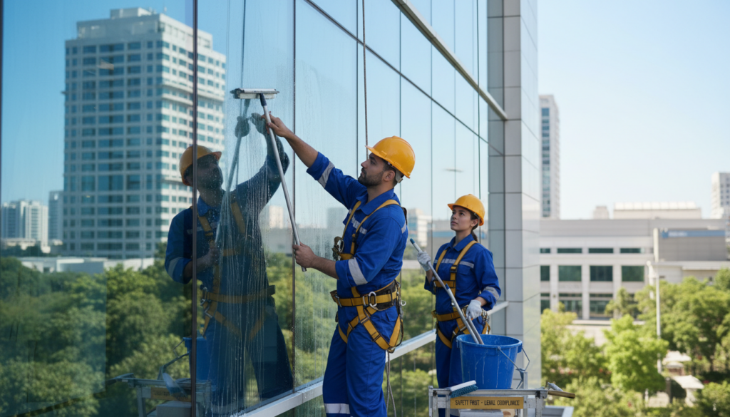 A professional window cleaning scene showcasing two uniformed workers diligently cleaning large glass windows of a modern office building. In the foreground, one worker is using a squeegee, while the other is holding a bucket filled with cleaning solution. The middle ground features the gleaming glass façade reflecting the bright sunlight, emphasizing a clean and polished atmosphere. In the background, the office building towers against a clear blue sky, with hints of green trees around the sides. The lighting is bright and natural, casting soft shadows that highlight the workers' focused expressions. The overall mood is one of professionalism and diligence, embodying the theme of safety and legal aspects in the workplace.