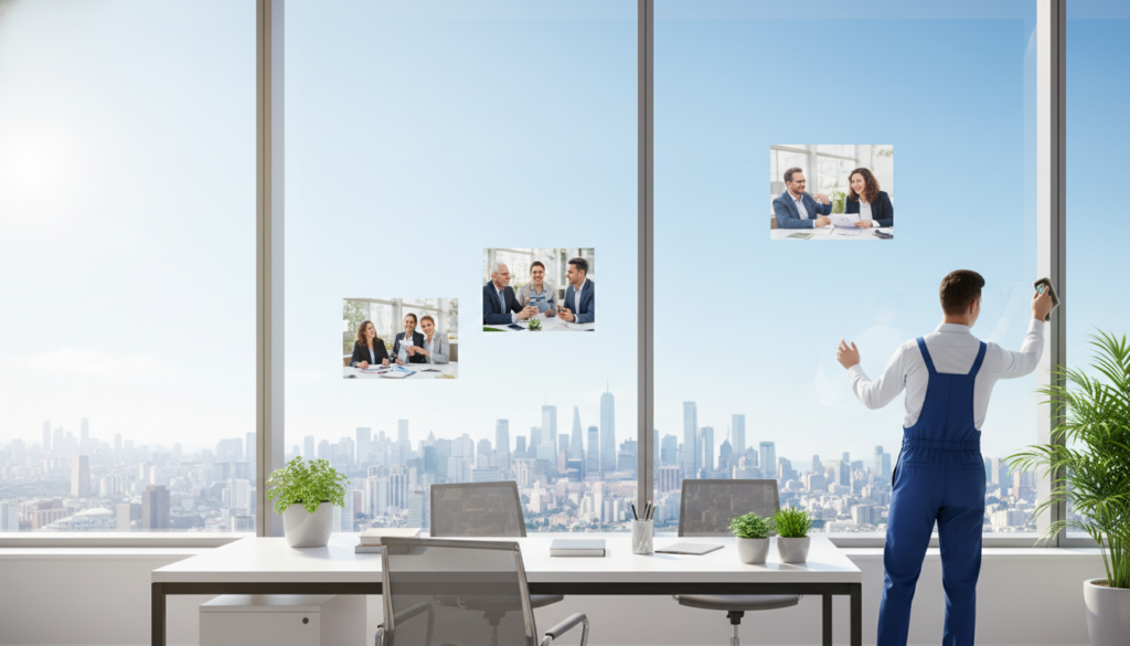 A serene and bright office space embodies the essence of a happy life focused on business success. In the foreground, a professional window cleaner, dressed in smart uniform, efficiently cleans large glass windows, reflecting the sunlight. The middle ground features a modern, well-organized workspace with plants and inspirational images of happy professionals collaborating. In the background, a vibrant city skyline under a clear blue sky signifies opportunities and growth. Soft, natural lighting floods the scene, creating an uplifting and motivating atmosphere. The overall mood emphasizes positivity, clarity, and the pursuit of fulfilling life principles intertwined with professional success.