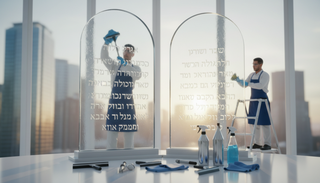 A serene scene depicting the "Ten Commandments" tablets, elegantly placed in a bright and clean atmosphere that reflects the theme of glass cleaning. In the foreground, professional window cleaning equipment, such as squeegees and spray bottles, is neatly arranged, symbolizing purity and clarity. In the middle, two uniformed workers meticulously clean the tablets, illustrating a harmonious blend of cultural and religious reverence. The background showcases a softly lit skyline, suggesting a fresh and polished world beyond the tablets. The lighting is bright yet gentle, creating an uplifting mood that emphasizes cleanliness and respect for tradition. The overall atmosphere conveys a sense of peace, spirituality, and diligence, with no text or markings present in the image.